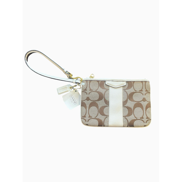 COACH Khaki/Ivory Signature C Canvas Leather Trim Gold Zip Wristlet Hang Tag NWT - Picture 8 of 8